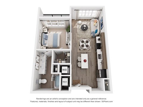 Floor plan for 1 bed, 1 bath, 658 sqft